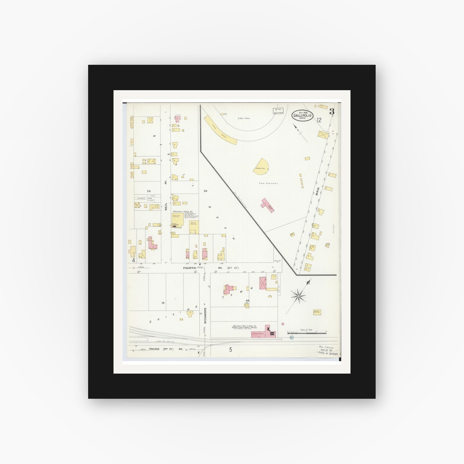 Old map wall art mockup — black gallery frame with white mat — Sanborn Fire Insurance Map from Gallipolis, Gallia County, Ohio (1908), Sheet #0003