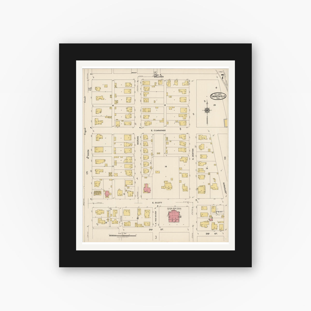 Old map wall art mockup — black gallery frame with white mat — Sanborn Fire Insurance Map from Gainesville, Cooke County, Texas (1922), Sheet #0007