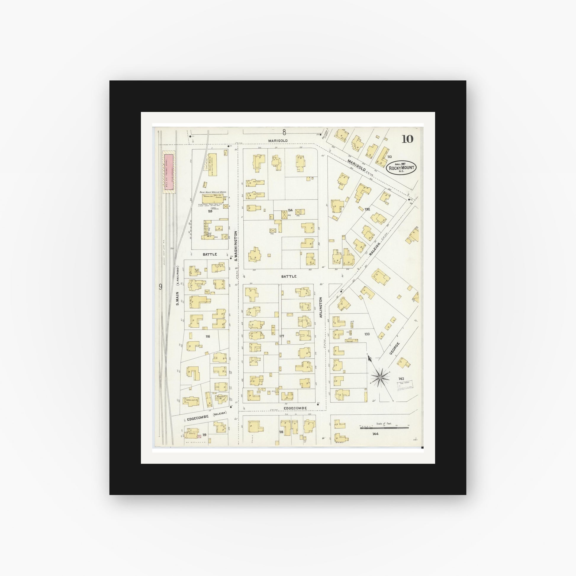 Old map wall art mockup — black gallery frame with white mat — Sanborn Fire Insurance Map from Rocky Mount, Edgecombe And Nash Counties, North Carolina (1907), Sheet #0010