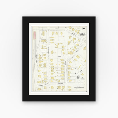Old map wall art mockup — black gallery frame with white mat — Sanborn Fire Insurance Map from Rocky Mount, Edgecombe And Nash Counties, North Carolina (1907), Sheet #0010