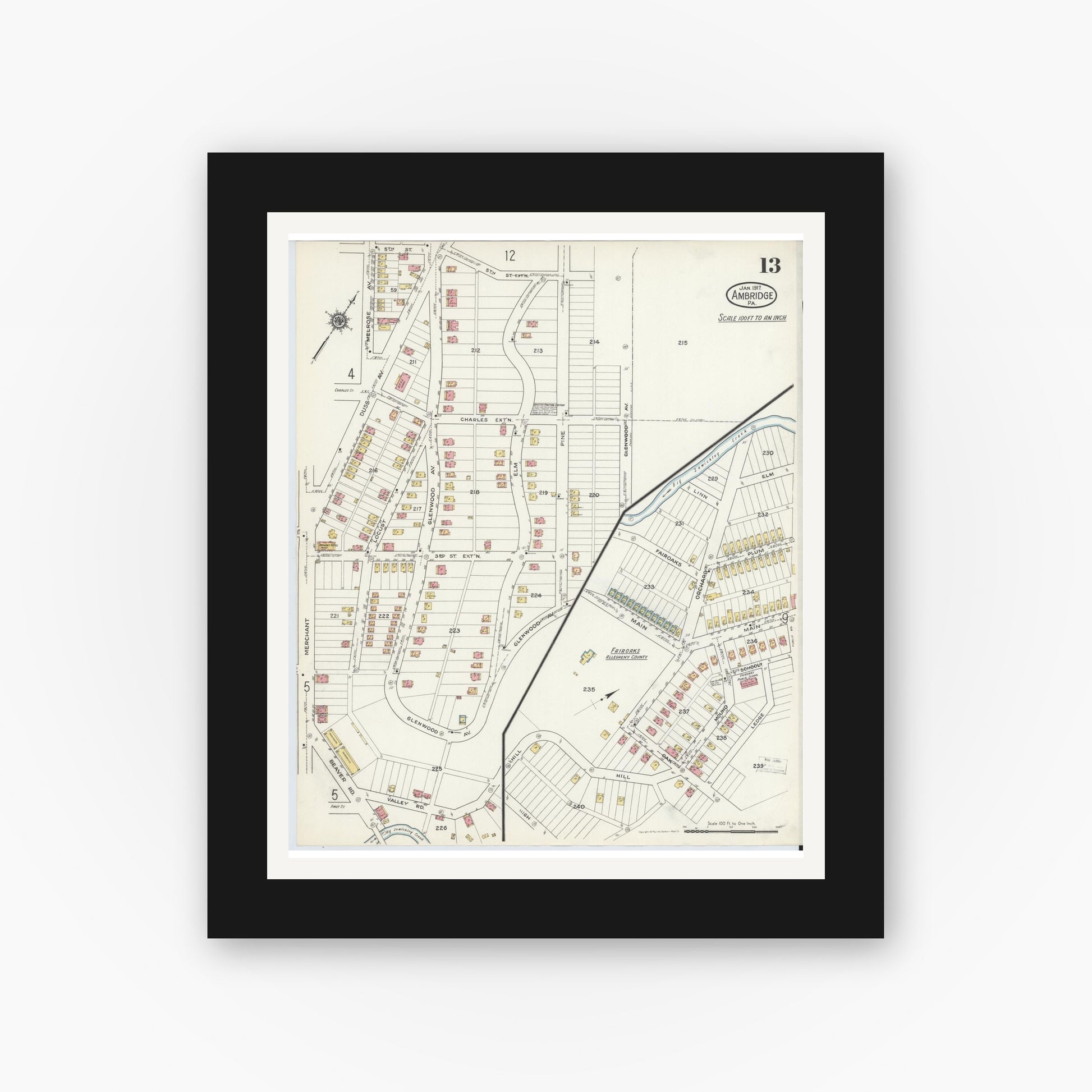 Old map wall art mockup — black gallery frame with white mat — Sanborn Fire Insurance Map from Ambridge, Beaver County, Pennsylvania (1917), Sheet #0013