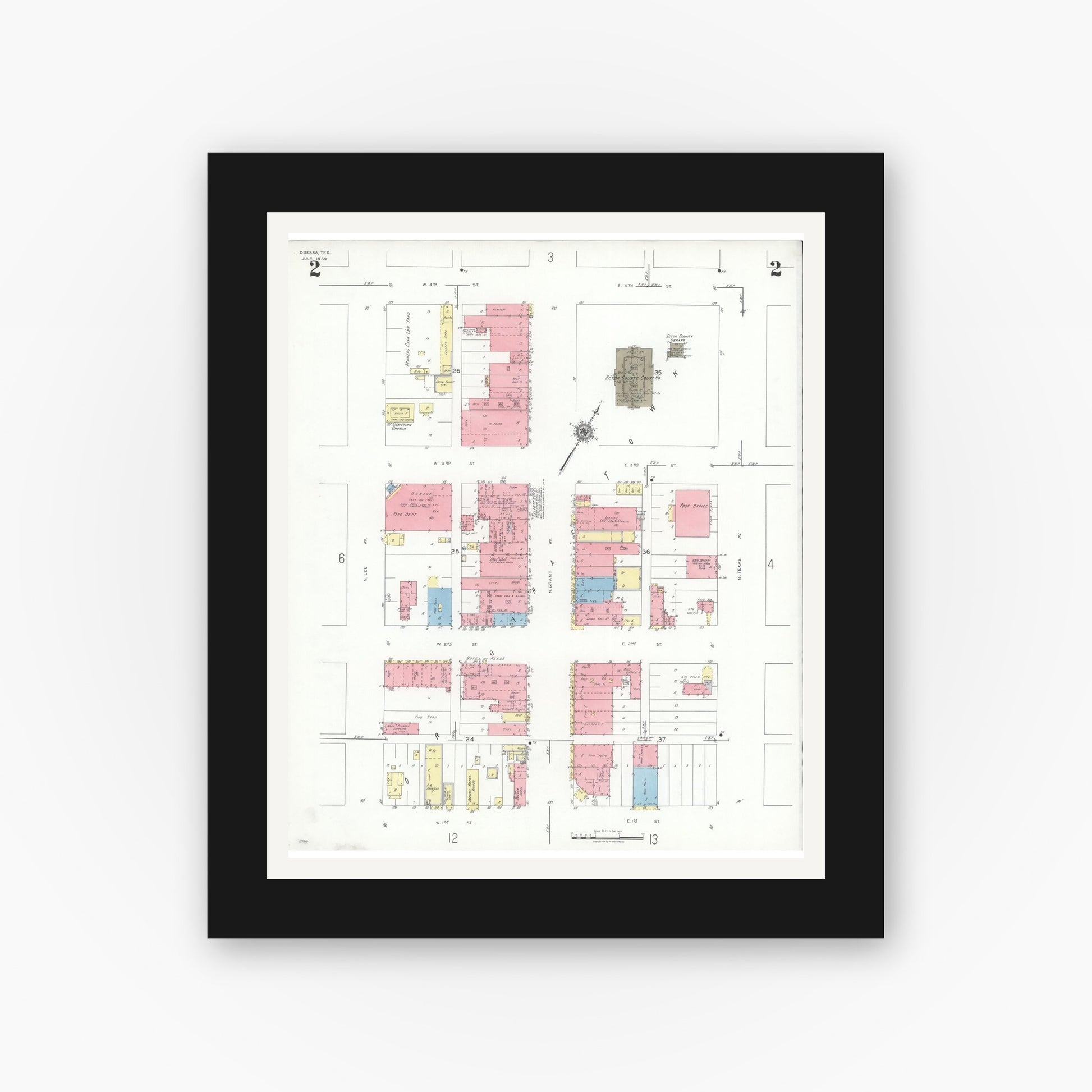 Old map wall art mockup — black gallery frame with white mat — Sanborn Fire Insurance Map from Odessa, Edger County, Texas (1939), Sheet #0002