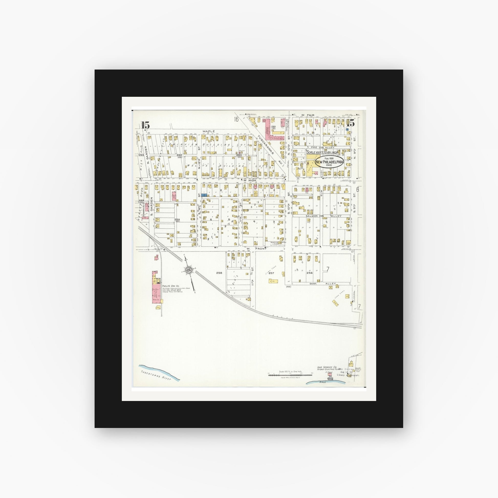 Old map wall art mockup — black gallery frame with white mat — Sanborn Fire Insurance Map from New Philadelphia, Tuscarawas County, Ohio (1926), Sheet #0015
