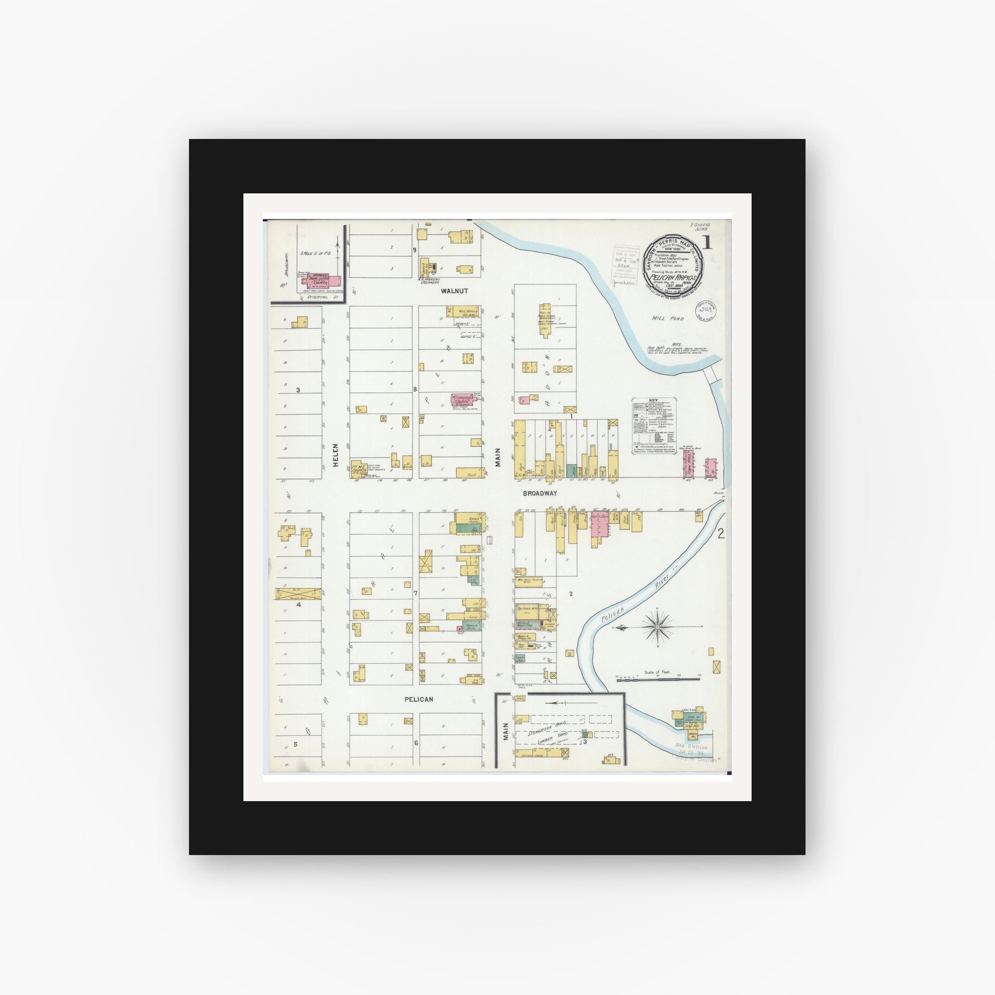 Old map wall art mockup — black gallery frame with white mat — Sanborn Fire Insurance Map from Pelican Rapids, Otter Tail County, Minnesota (1899), Sheet #0001