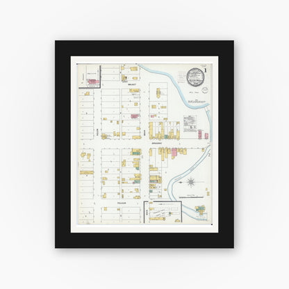 Old map wall art mockup — black gallery frame with white mat — Sanborn Fire Insurance Map from Pelican Rapids, Otter Tail County, Minnesota (1899), Sheet #0001