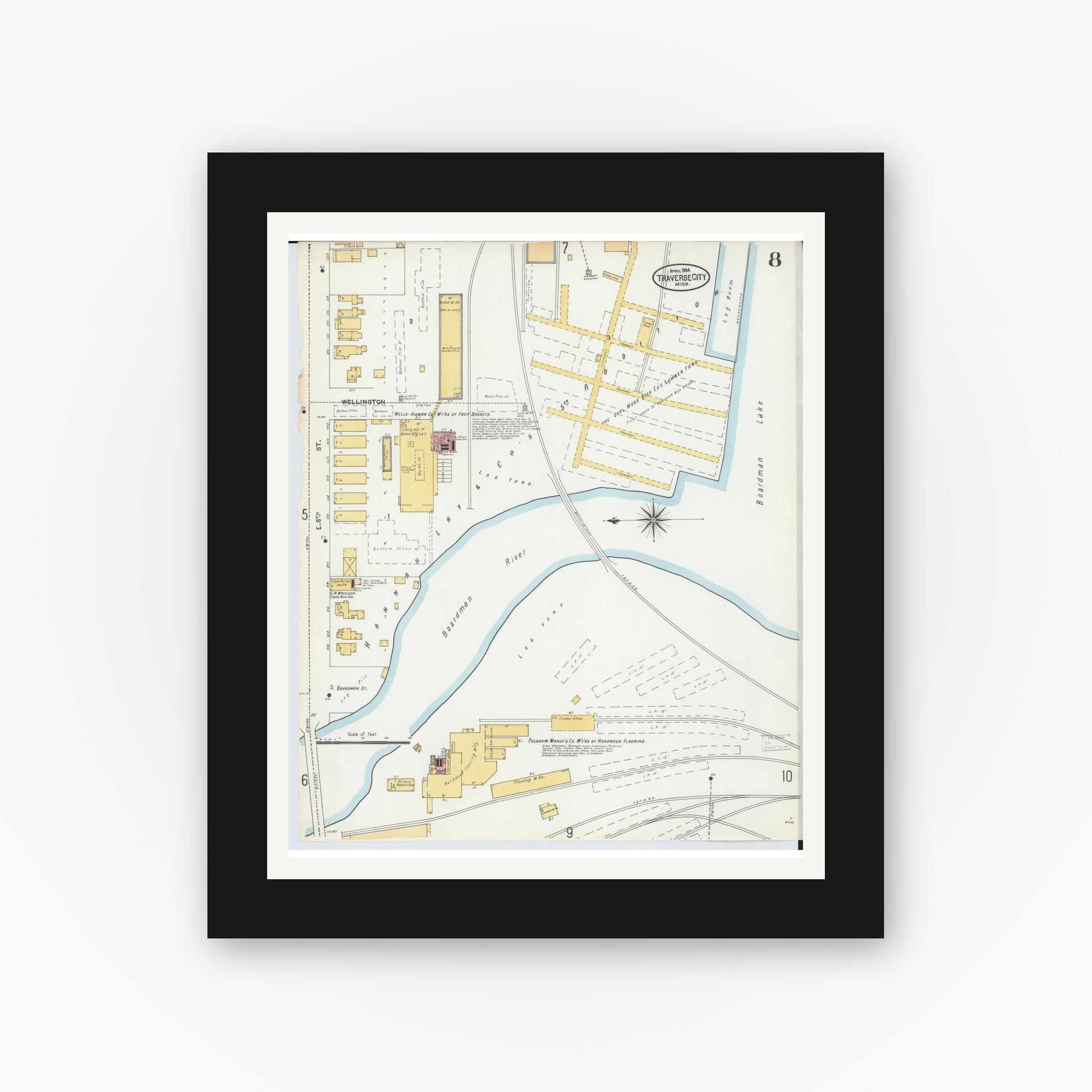 Old map wall art mockup — black gallery frame with white mat — Sanborn Fire Insurance Map from Traverse City, Grand Traverse County, Michigan (1904), Sheet #0008