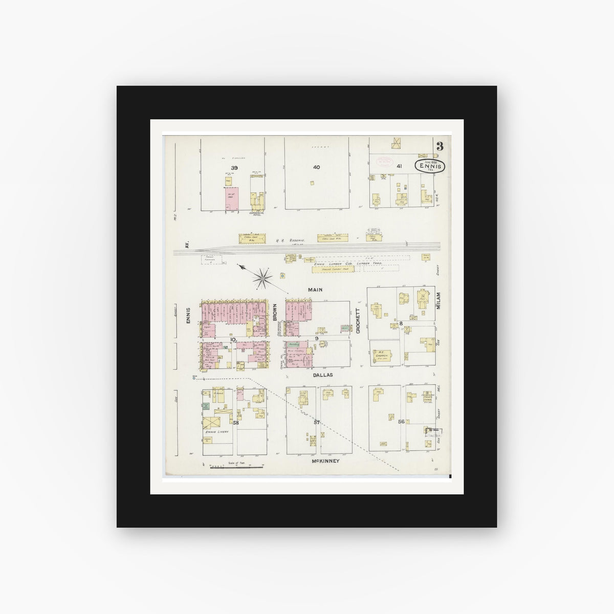 Old map wall art mockup — black gallery frame with white mat — Sanborn Fire Insurance Map from Ennis, Ellis County, Texas (1890), Sheet #0003