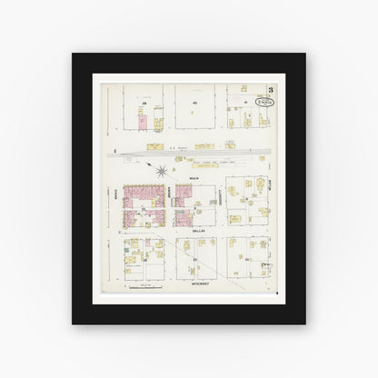 Old map wall art mockup — black gallery frame with white mat — Sanborn Fire Insurance Map from Ennis, Ellis County, Texas (1890), Sheet #0003