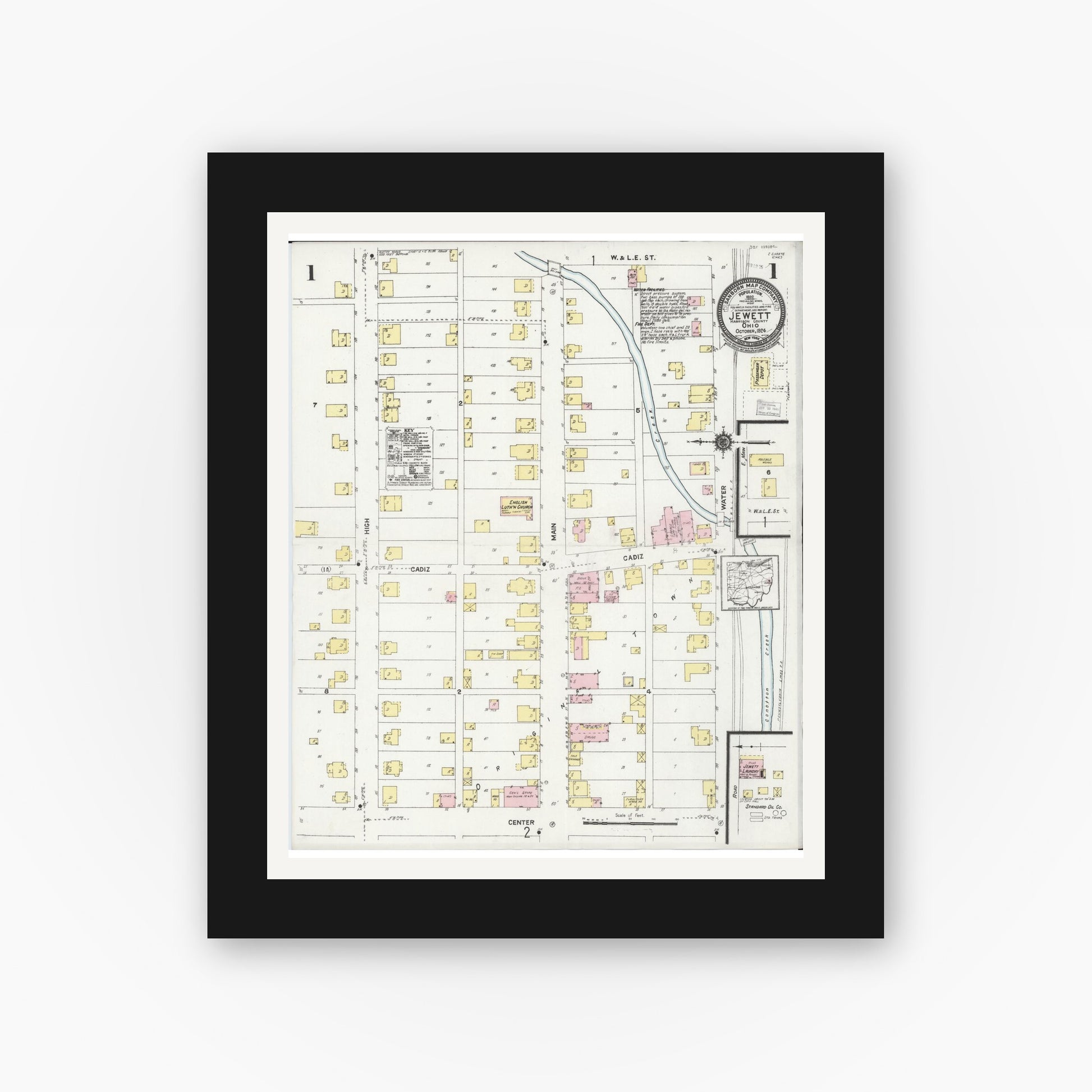 Old map wall art mockup — black gallery frame with white mat — Sanborn Fire Insurance Map from Jewett, Harrison County, Ohio (1924) - Complete Map Set