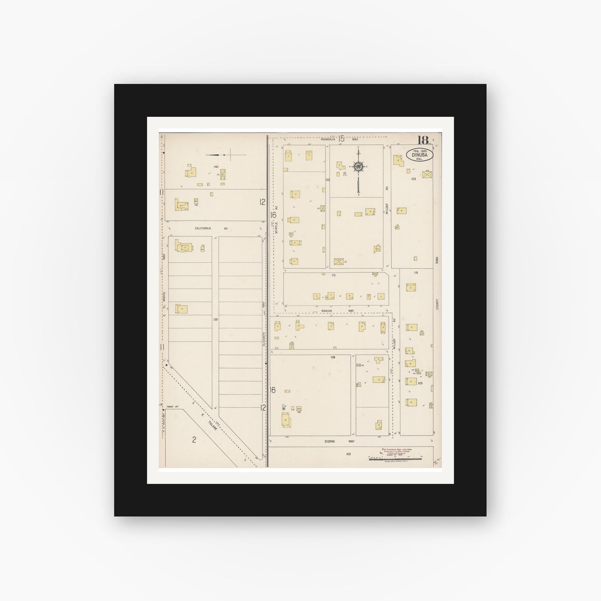 Old map wall art mockup — black gallery frame with white mat — Sanborn Fire Insurance Map from Dinuba, Tulare County, California (1920), Sheet #0018