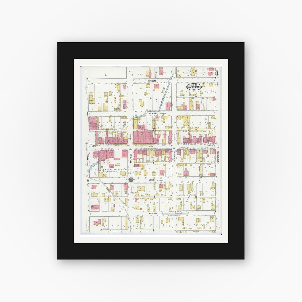 Old map wall art mockup — black gallery frame with white mat — Sanborn Fire Insurance Map from Mascoutah, Saint Clair County, Illinois (1921), Sheet #0003