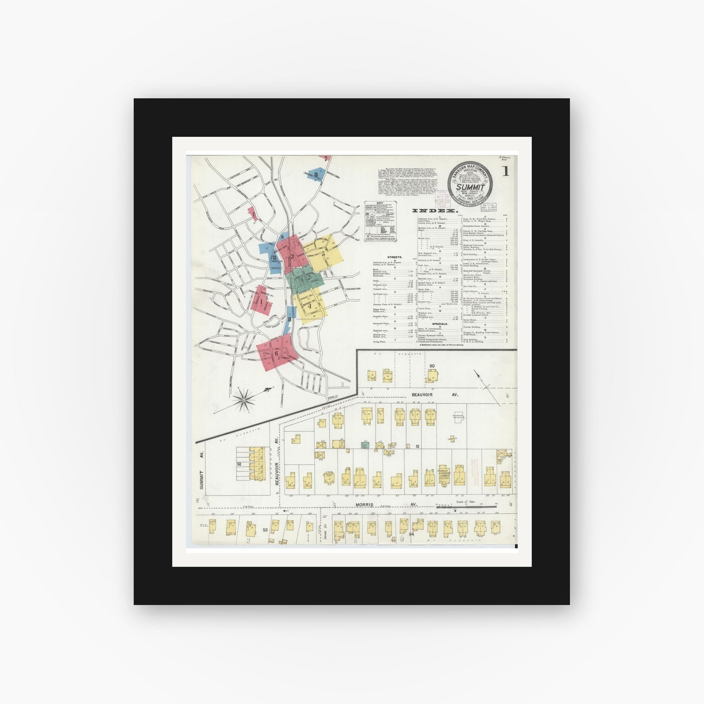 Old map wall art mockup — black gallery frame with white mat — Sanborn Fire Insurance Map from Summit, Union County, New Jersey (1903), Sheet #0001