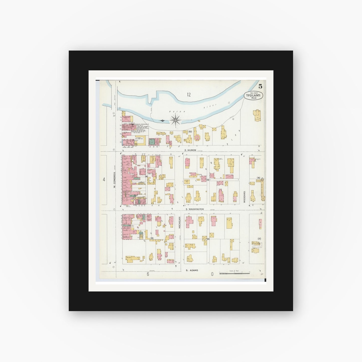 Old map wall art mockup — black gallery frame with white mat — Sanborn Fire Insurance Map from Ypsilanti, Washtenaw County, Michigan (1899), Sheet #0005