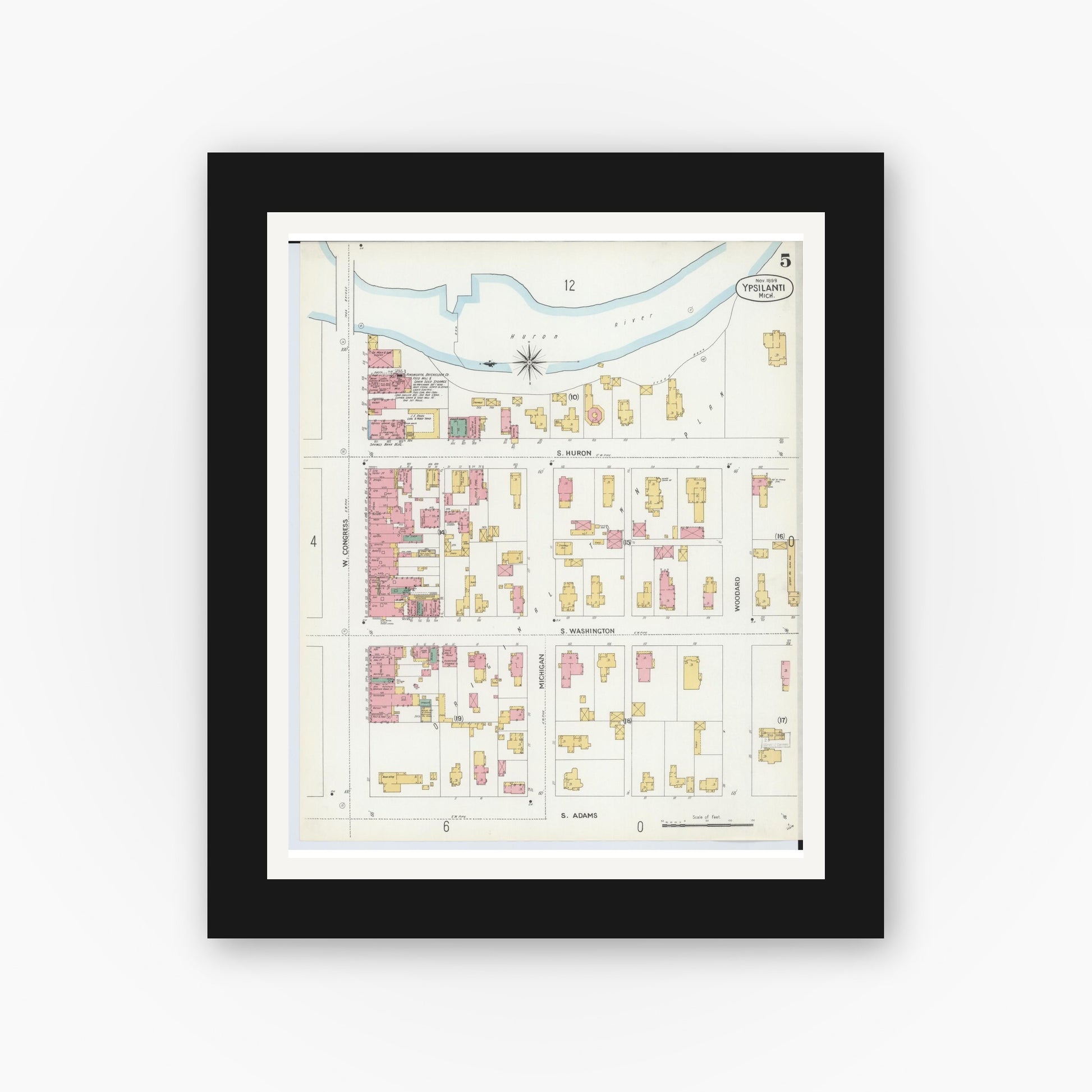 Old map wall art mockup — black gallery frame with white mat — Sanborn Fire Insurance Map from Ypsilanti, Washtenaw County, Michigan (1899), Sheet #0005