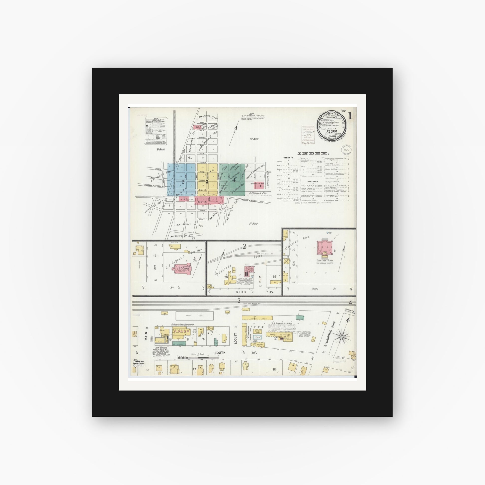 Old map wall art mockup — black gallery frame with white mat — Sanborn Fire Insurance Map from Flora, Clay County, Illinois (1899), Sheet #0001