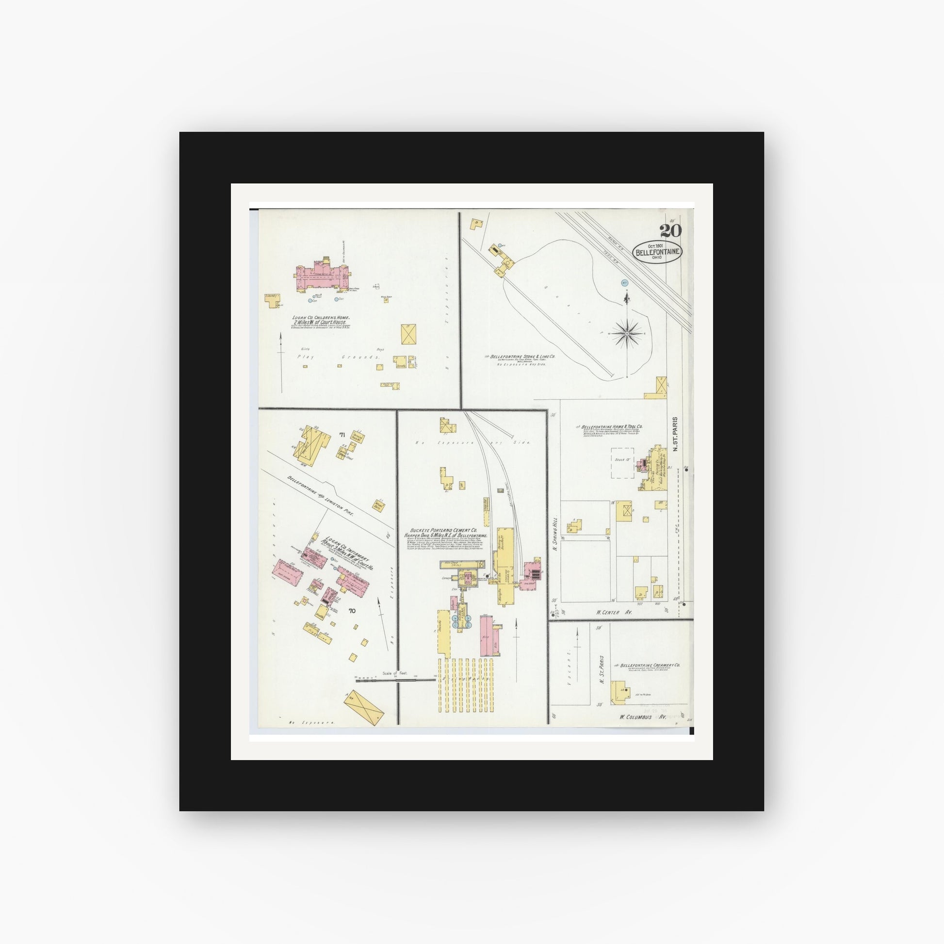 Old map wall art mockup — black gallery frame with white mat — Sanborn Fire Insurance Map from Bellefontaine, Logan County, Ohio (1901), Sheet #0020