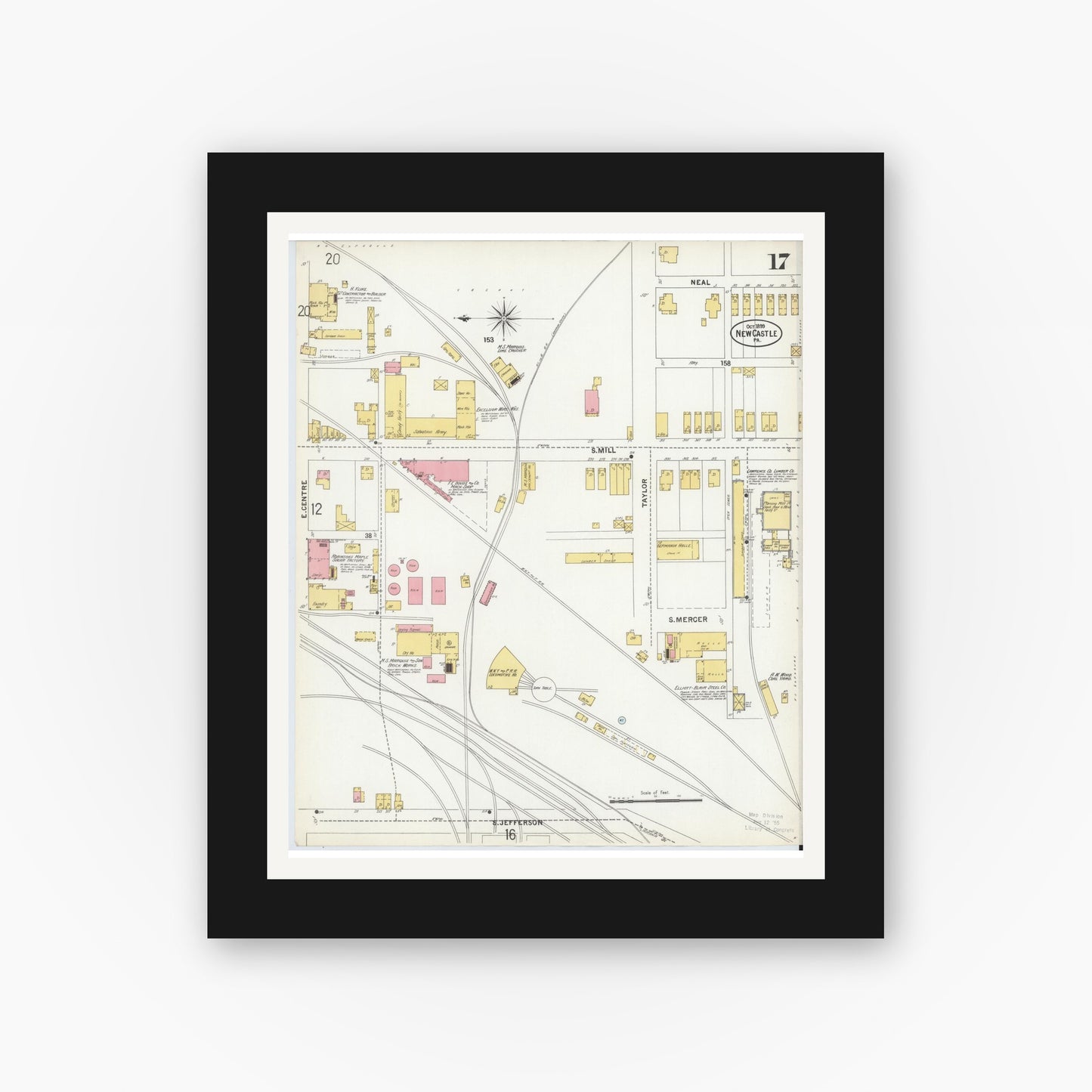 Old map wall art mockup — black gallery frame with white mat — Sanborn Fire Insurance Map from New Castle, Lawrence County, Pennsylvania (1899), Sheet #0017