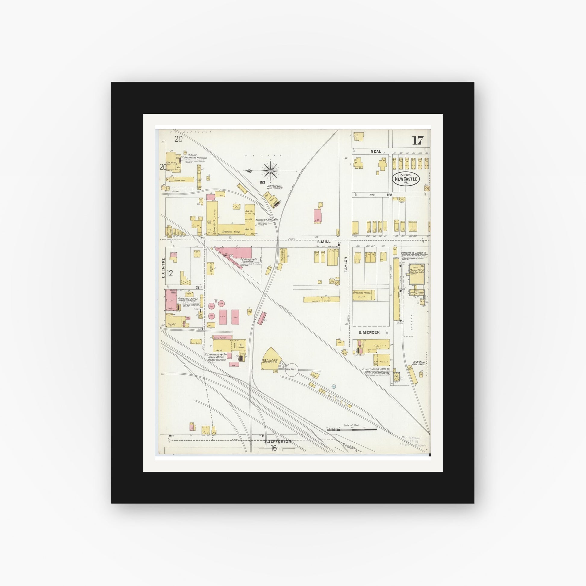 Old map wall art mockup — black gallery frame with white mat — Sanborn Fire Insurance Map from New Castle, Lawrence County, Pennsylvania (1899), Sheet #0017