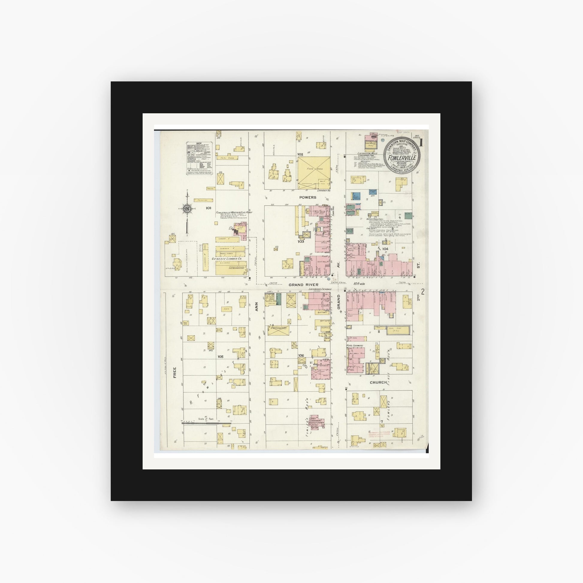 Old map wall art mockup — black gallery frame with white mat — Sanborn Fire Insurance Map from Fowlerville, Livingston County, Michigan (1909) - Complete Map Set
