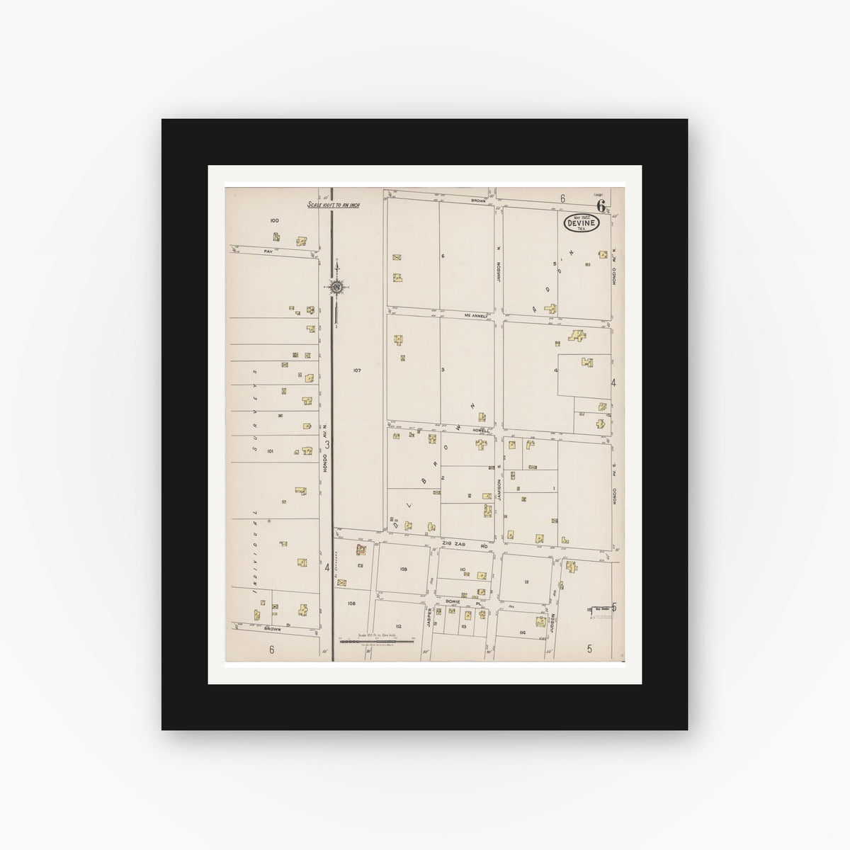 Old map wall art mockup — black gallery frame with white mat — Sanborn Fire Insurance Map from Devine, Medina County, Texas (1922), Sheet #0006