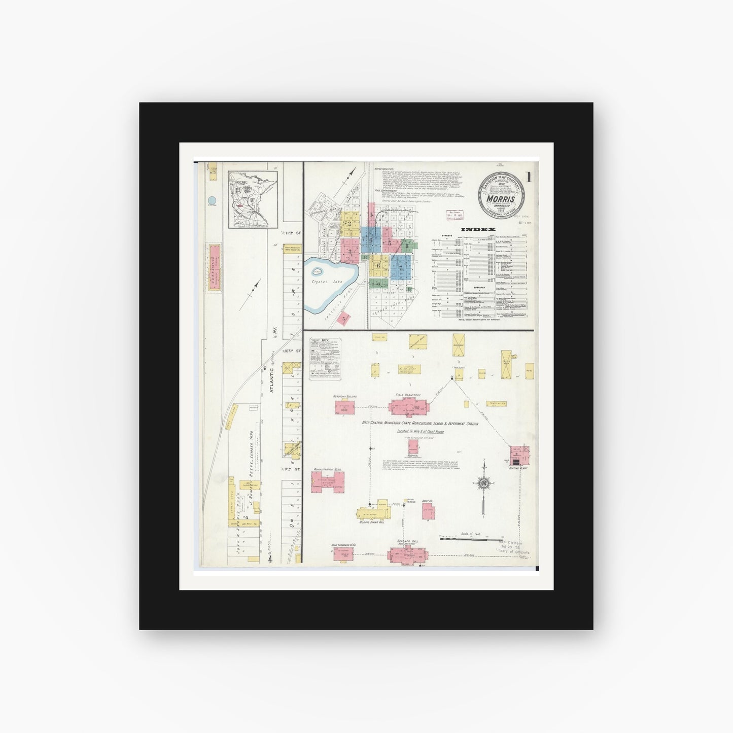 Old map wall art mockup — black gallery frame with white mat — Sanborn Fire Insurance Map from Morris, Stevens County, Minnesota (1915), Sheet #0001