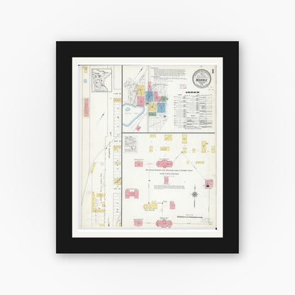 Old map wall art mockup — black gallery frame with white mat — Sanborn Fire Insurance Map from Morris, Stevens County, Minnesota (1915), Sheet #0001