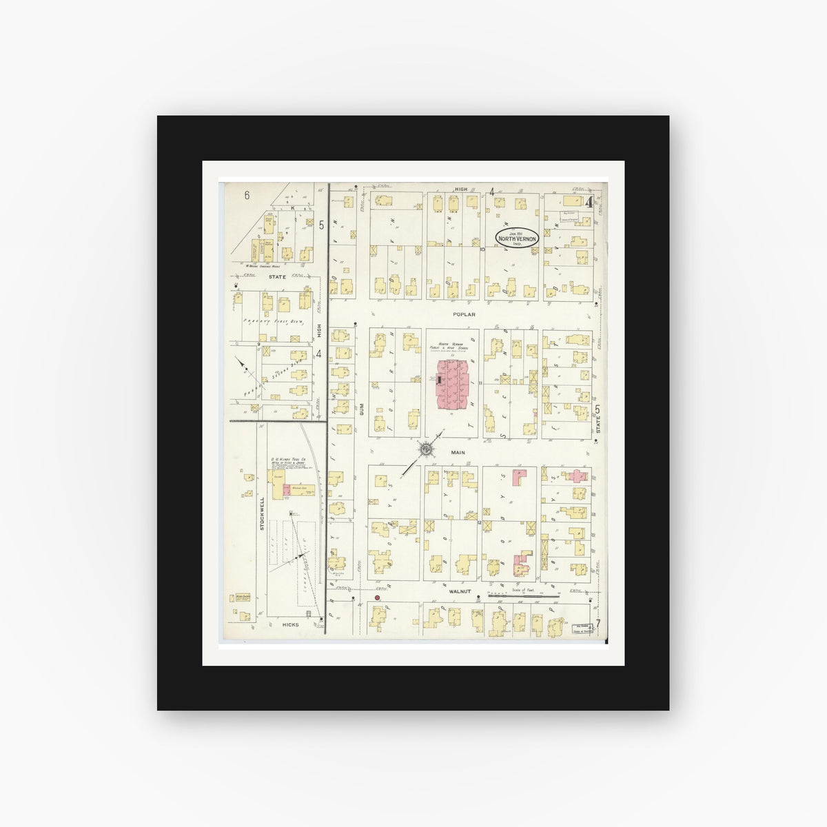 Old map wall art mockup — black gallery frame with white mat — Sanborn Fire Insurance Map from North Vernon, Jennings County, Indiana (1911), Sheet #0004