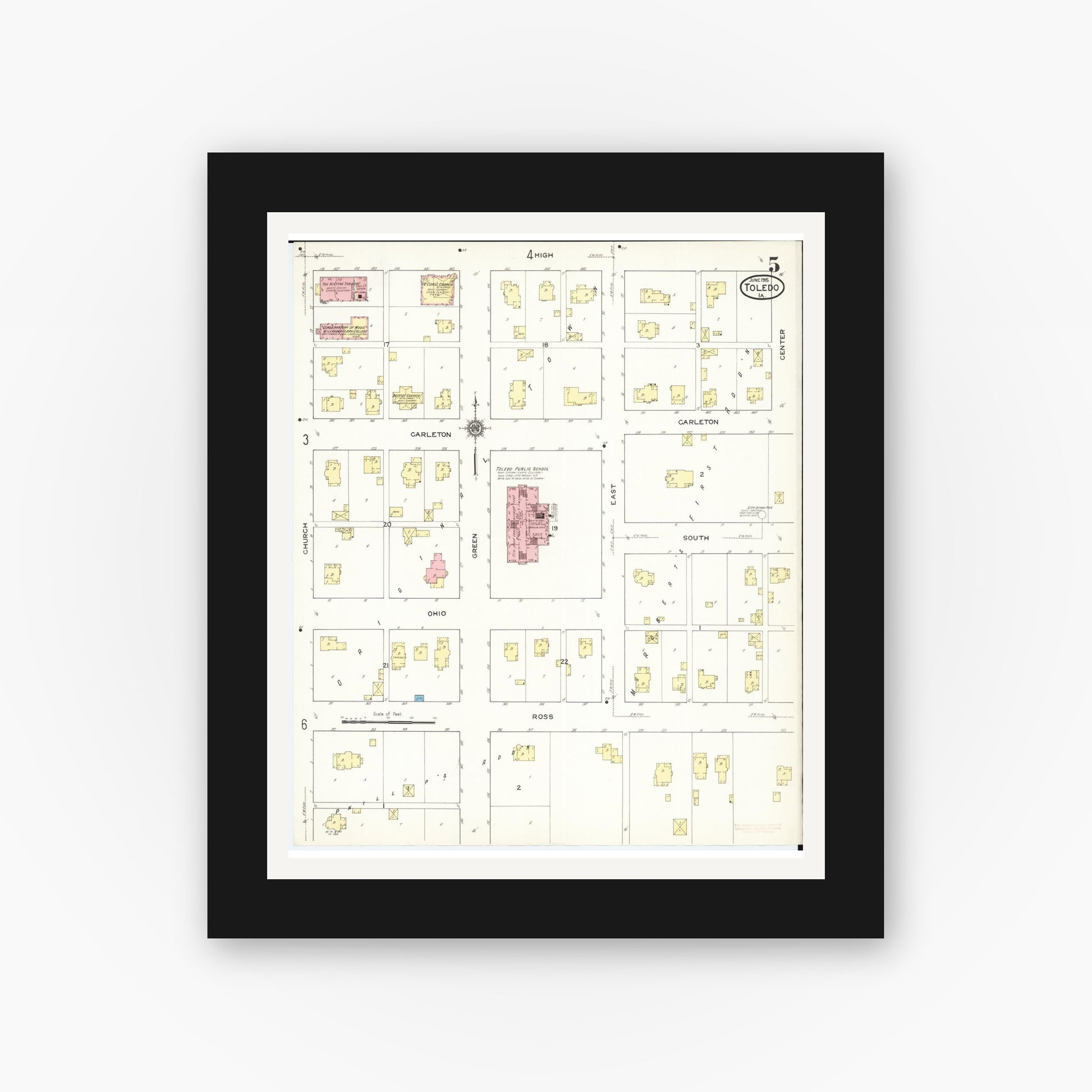 Old map wall art mockup — black gallery frame with white mat — Sanborn Fire Insurance Map from Toledo, Tama County, Iowa (1915), Sheet #0005