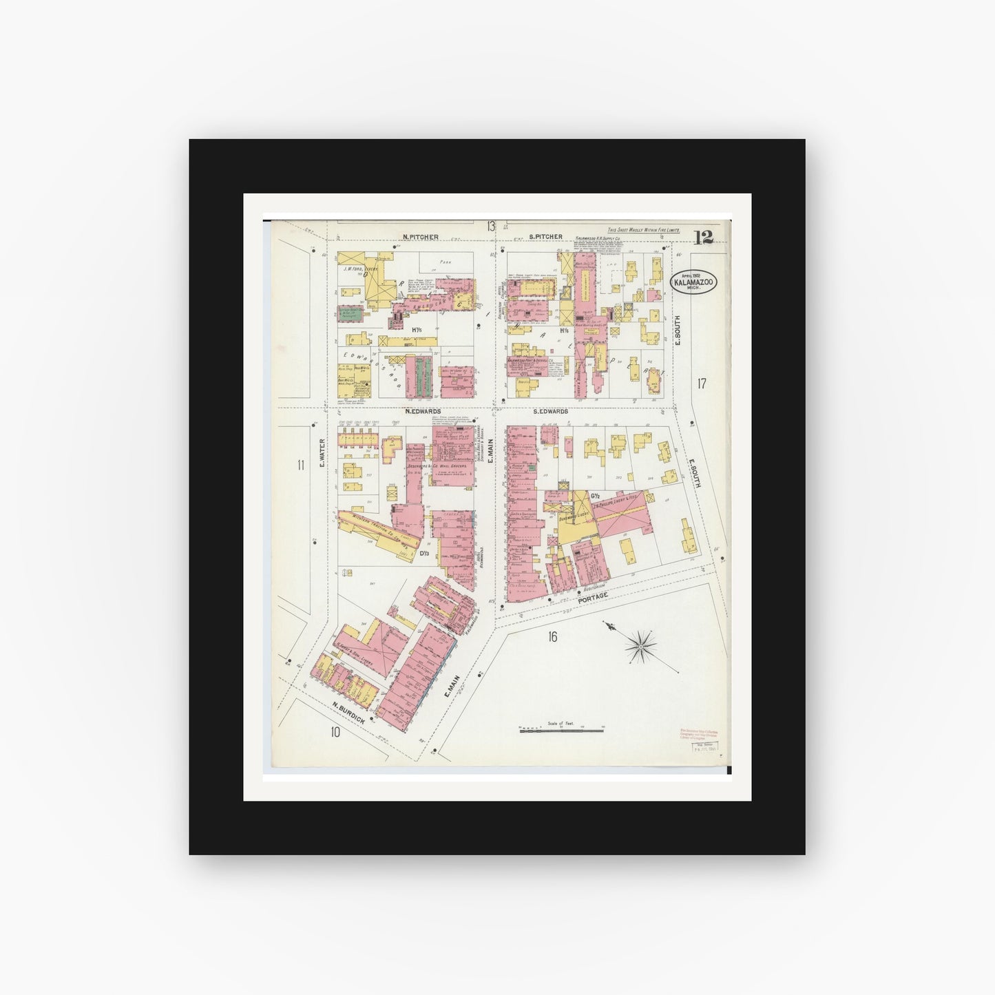 Old map wall art mockup — black gallery frame with white mat — Sanborn Fire Insurance Map from Kalamazoo, Kalamazoo County, Michigan (1902), Sheet #0012