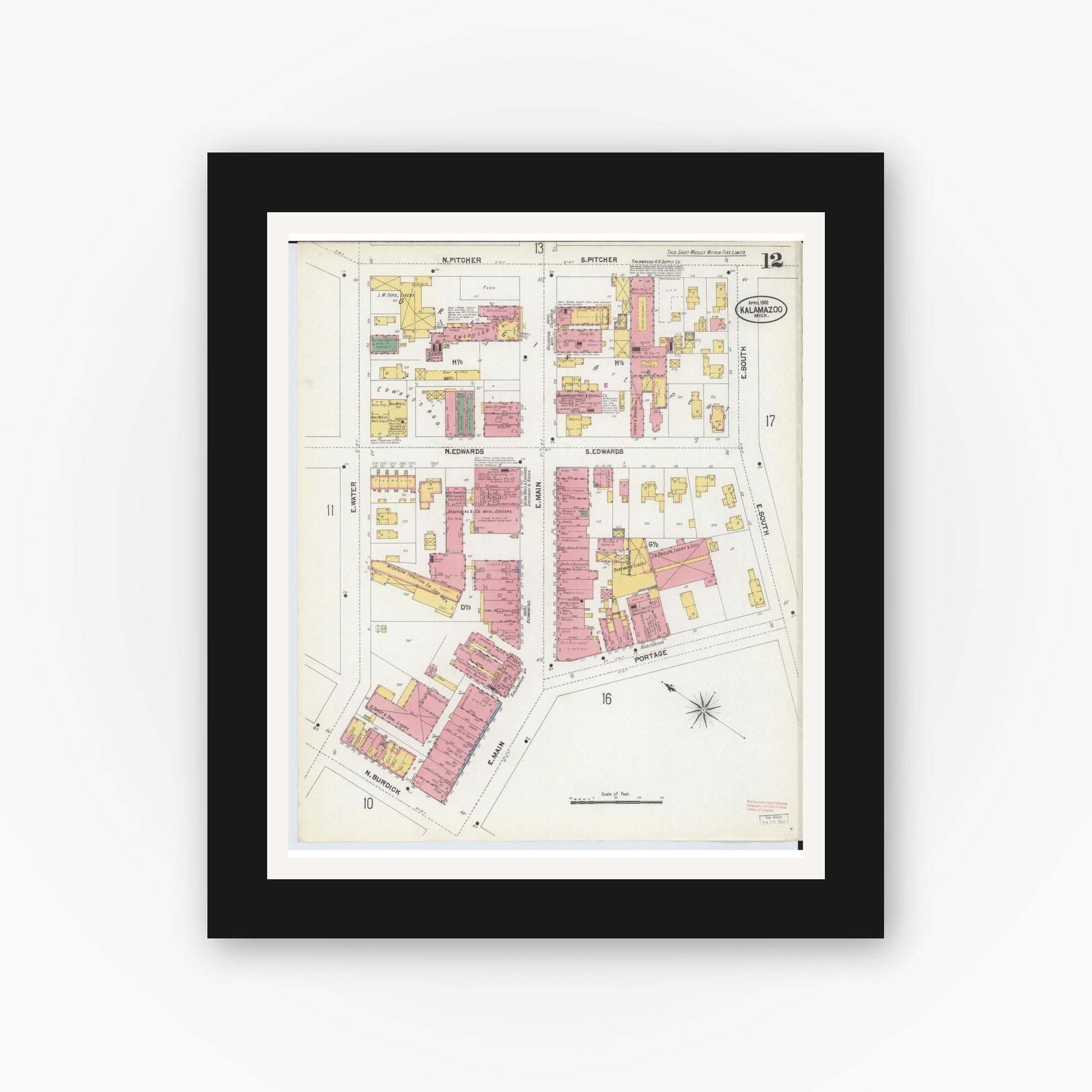 Old map wall art mockup — black gallery frame with white mat — Sanborn Fire Insurance Map from Kalamazoo, Kalamazoo County, Michigan (1902), Sheet #0012