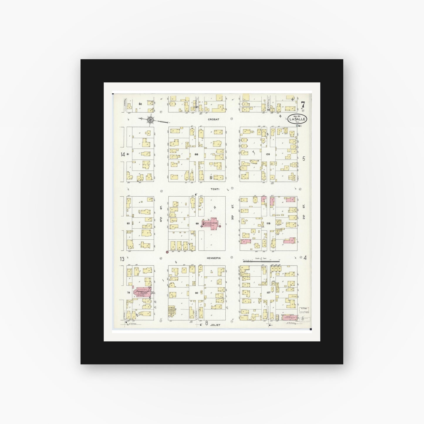 Old map wall art mockup — black gallery frame with white mat — Sanborn Fire Insurance Map from La Salle, La Salle County, Illinois (1911), Sheet #0007