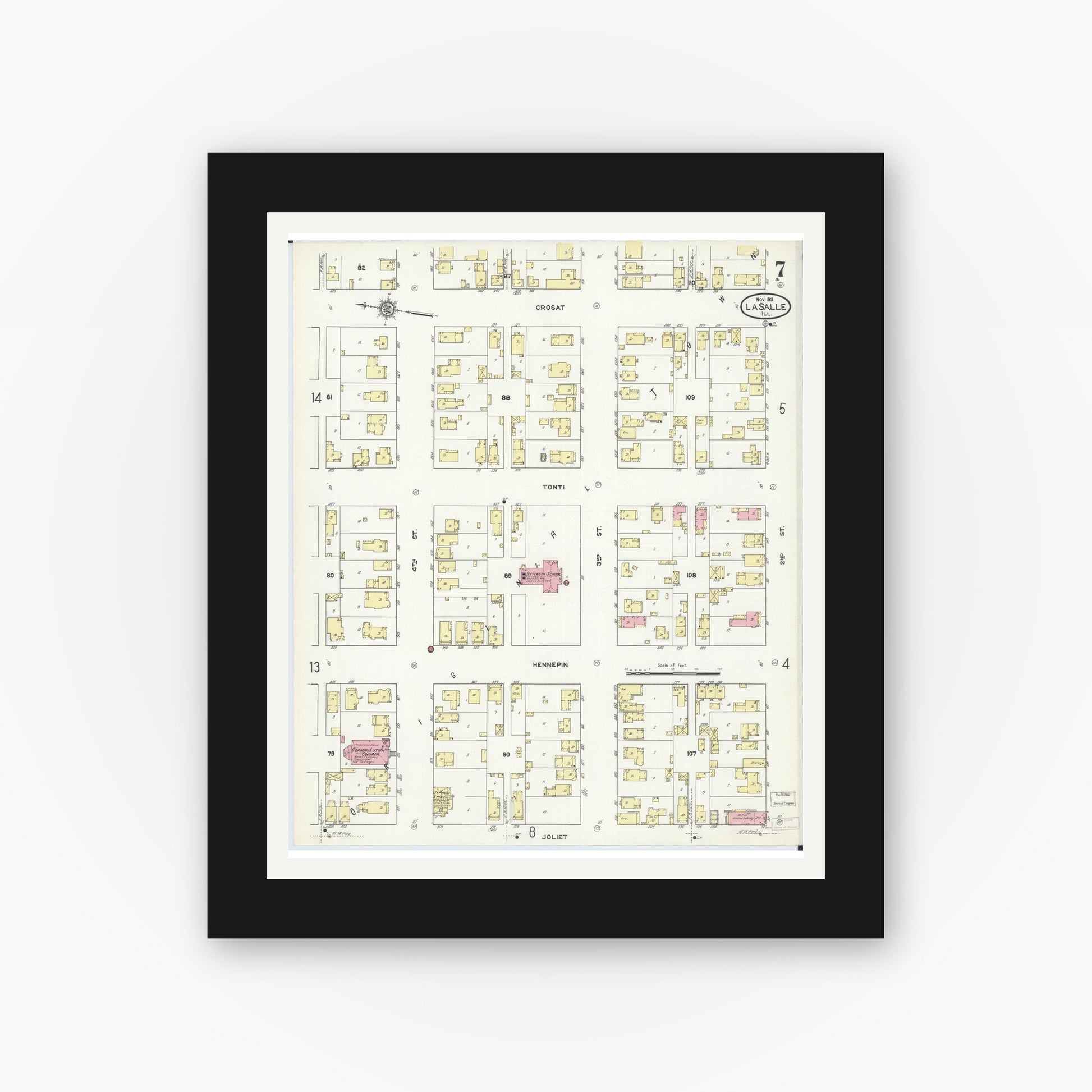 Old map wall art mockup — black gallery frame with white mat — Sanborn Fire Insurance Map from La Salle, La Salle County, Illinois (1911), Sheet #0007