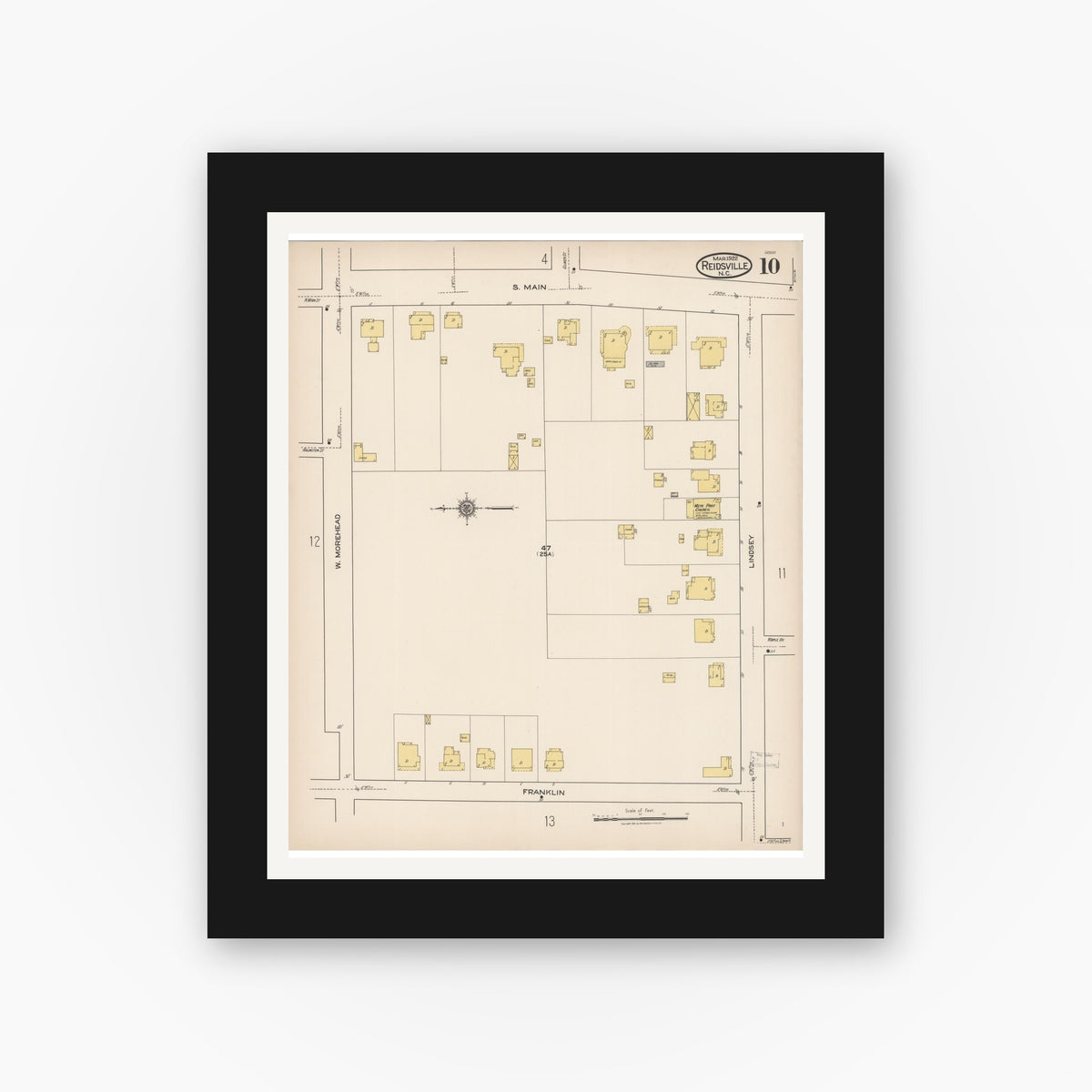 Old map wall art mockup — black gallery frame with white mat — Sanborn Fire Insurance Map from Reidsville, Rockingham County, North Carolina (1922), Sheet #0010