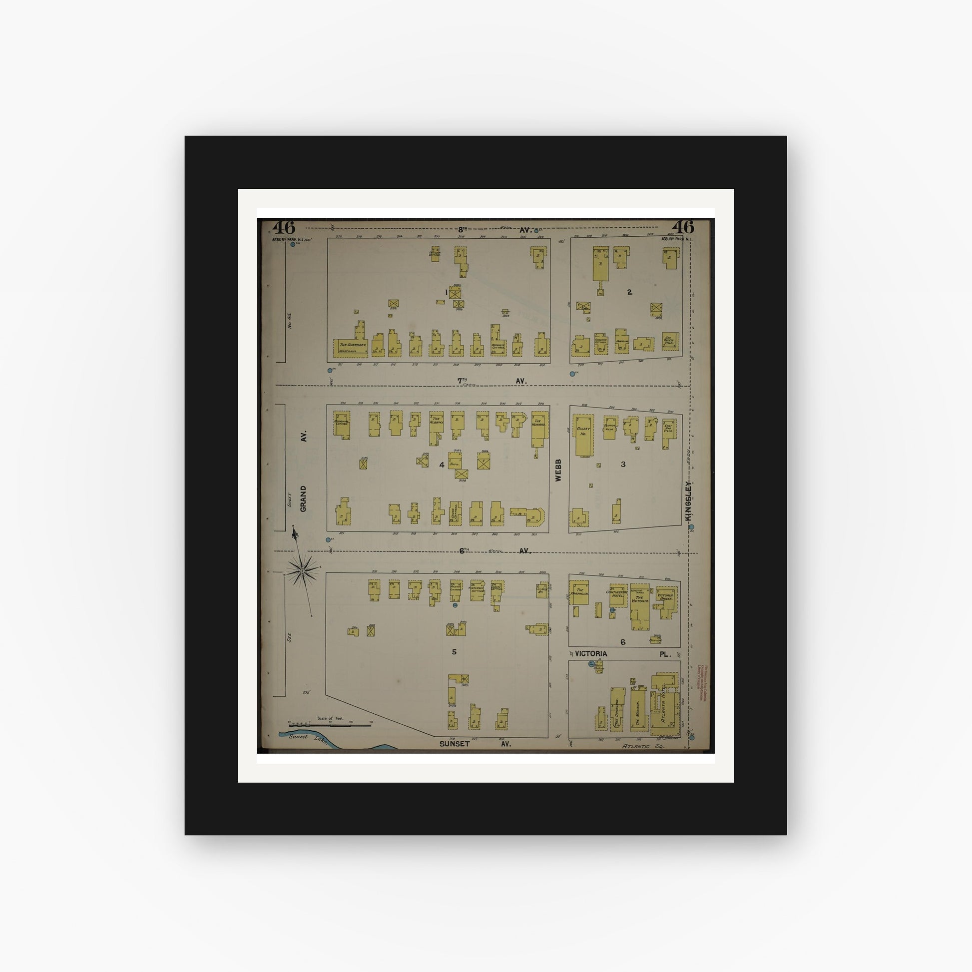 Old map wall art mockup — black gallery frame with white mat — Sanborn Fire Insurance Map from New Jersey Coast, New Jersey Coast, New Jersey (1890), Sheet #0046
