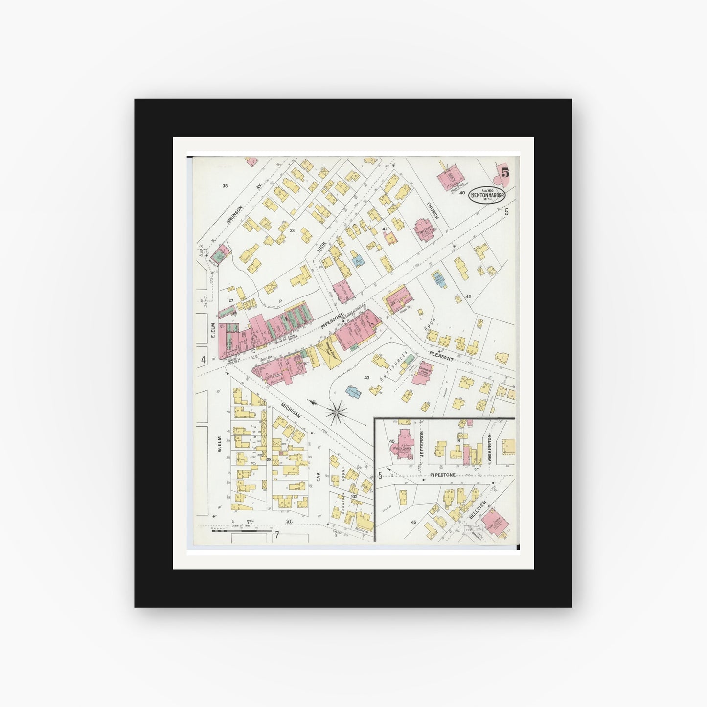 Old map wall art mockup — black gallery frame with white mat — Sanborn Fire Insurance Map from Benton Harbor, Berrien County, Michigan (1900), Sheet #0005