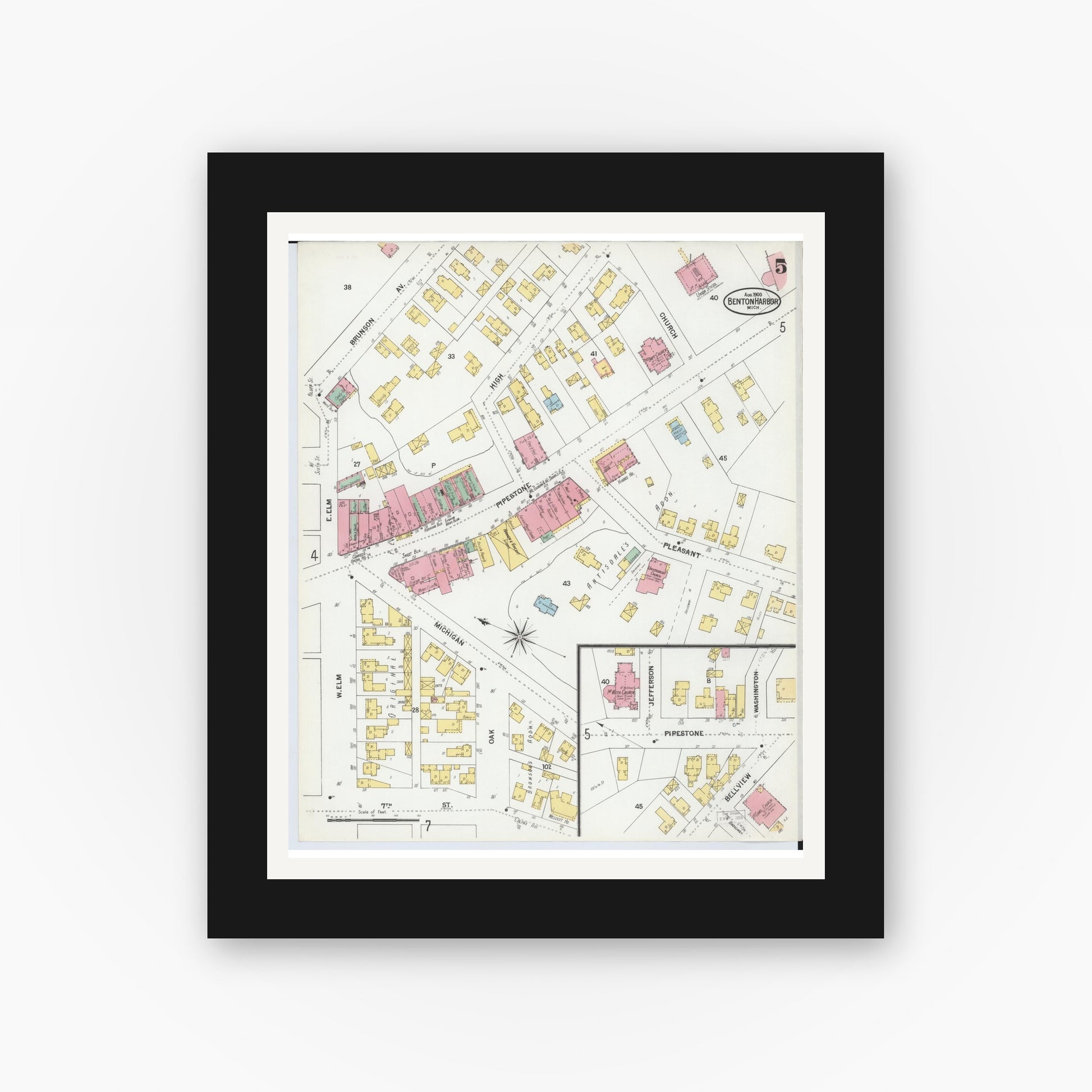 Old map wall art mockup — black gallery frame with white mat — Sanborn Fire Insurance Map from Benton Harbor, Berrien County, Michigan (1900), Sheet #0005
