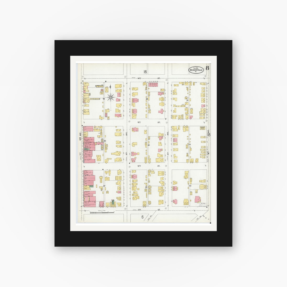 Old map wall art mockup — black gallery frame with white mat — Sanborn Fire Insurance Map from Beaver Falls, Beaver County, Pennsylvania (1901), Sheet #0008