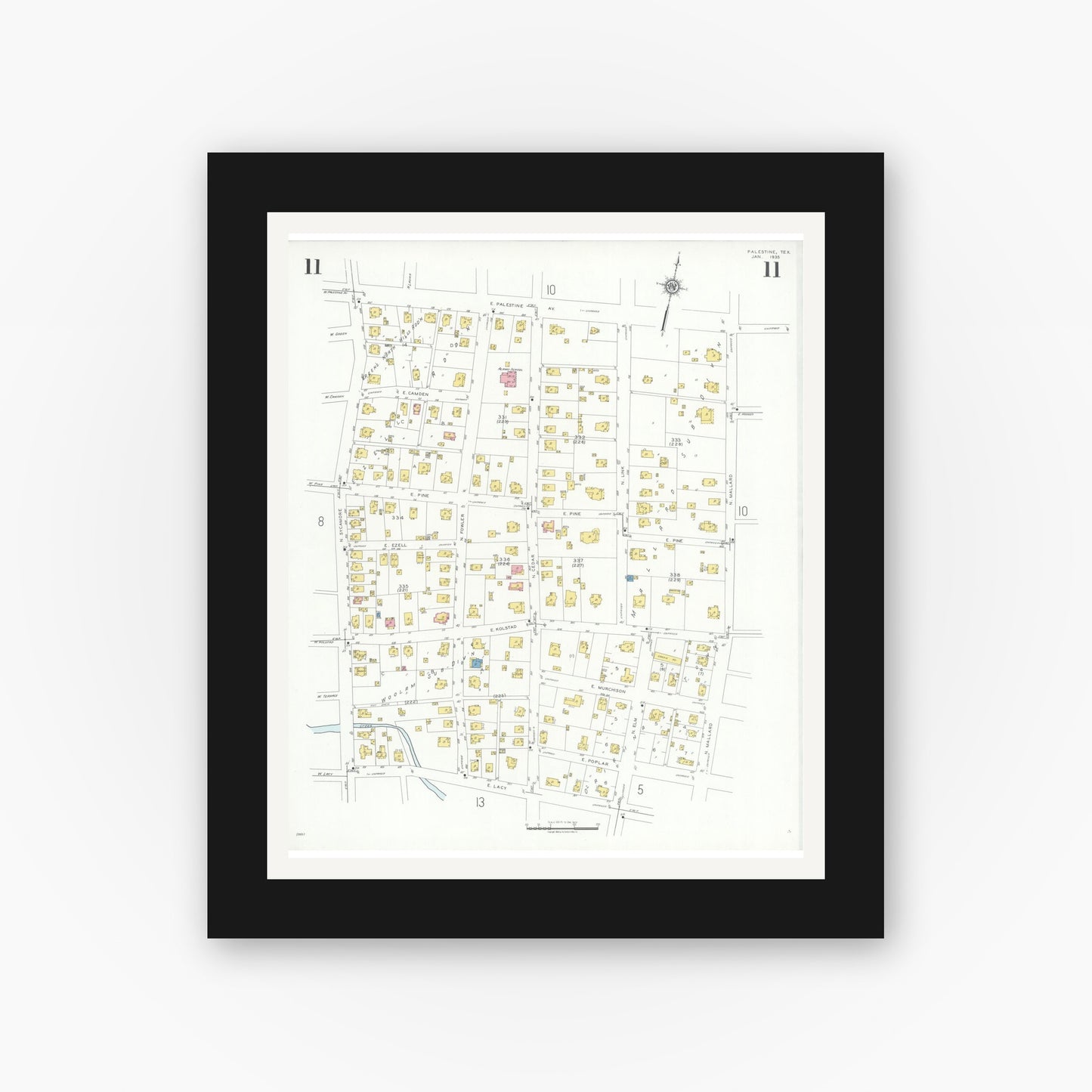 Old map wall art mockup — black gallery frame with white mat — Sanborn Fire Insurance Map from Palestine, Anderson County, Texas (1935), Sheet #0011