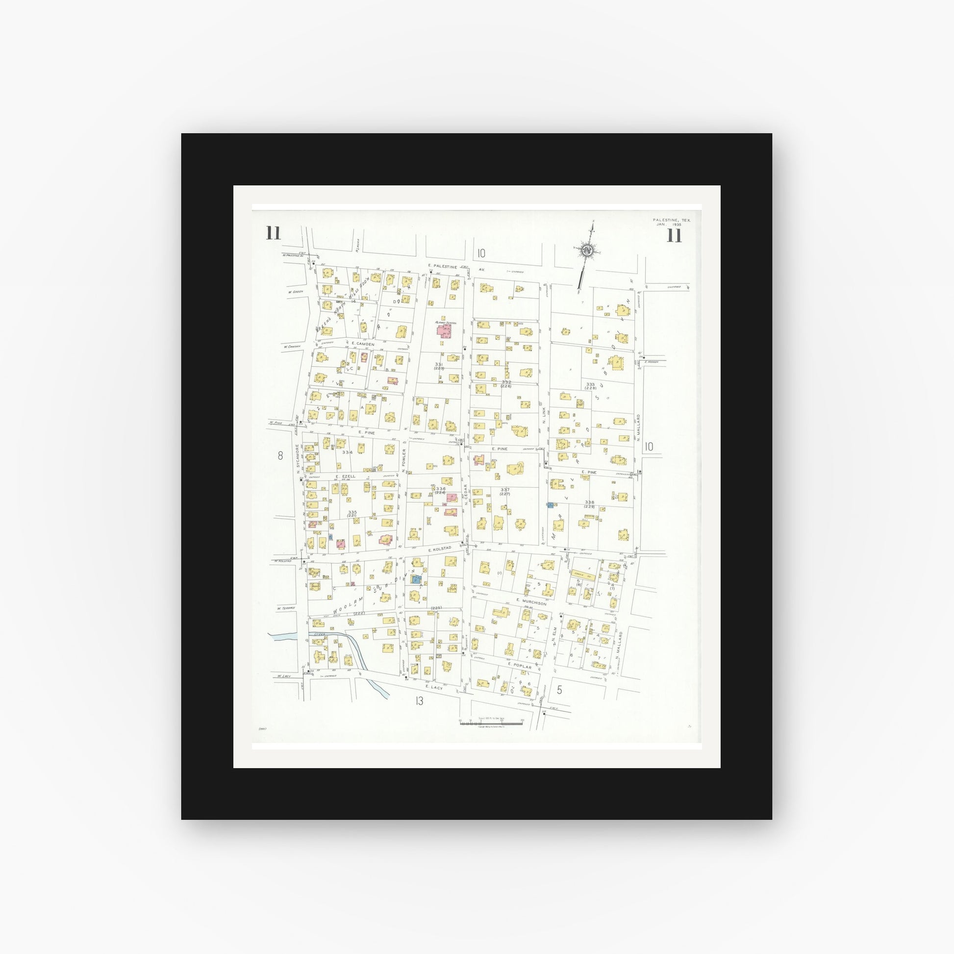 Old map wall art mockup — black gallery frame with white mat — Sanborn Fire Insurance Map from Palestine, Anderson County, Texas (1935), Sheet #0011