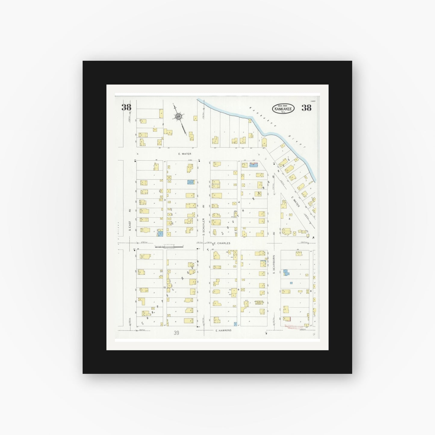 Old map wall art mockup — black gallery frame with white mat — Sanborn Fire Insurance Map from Kankakee, Kankakee County, Illinois (1930), Sheet #0038