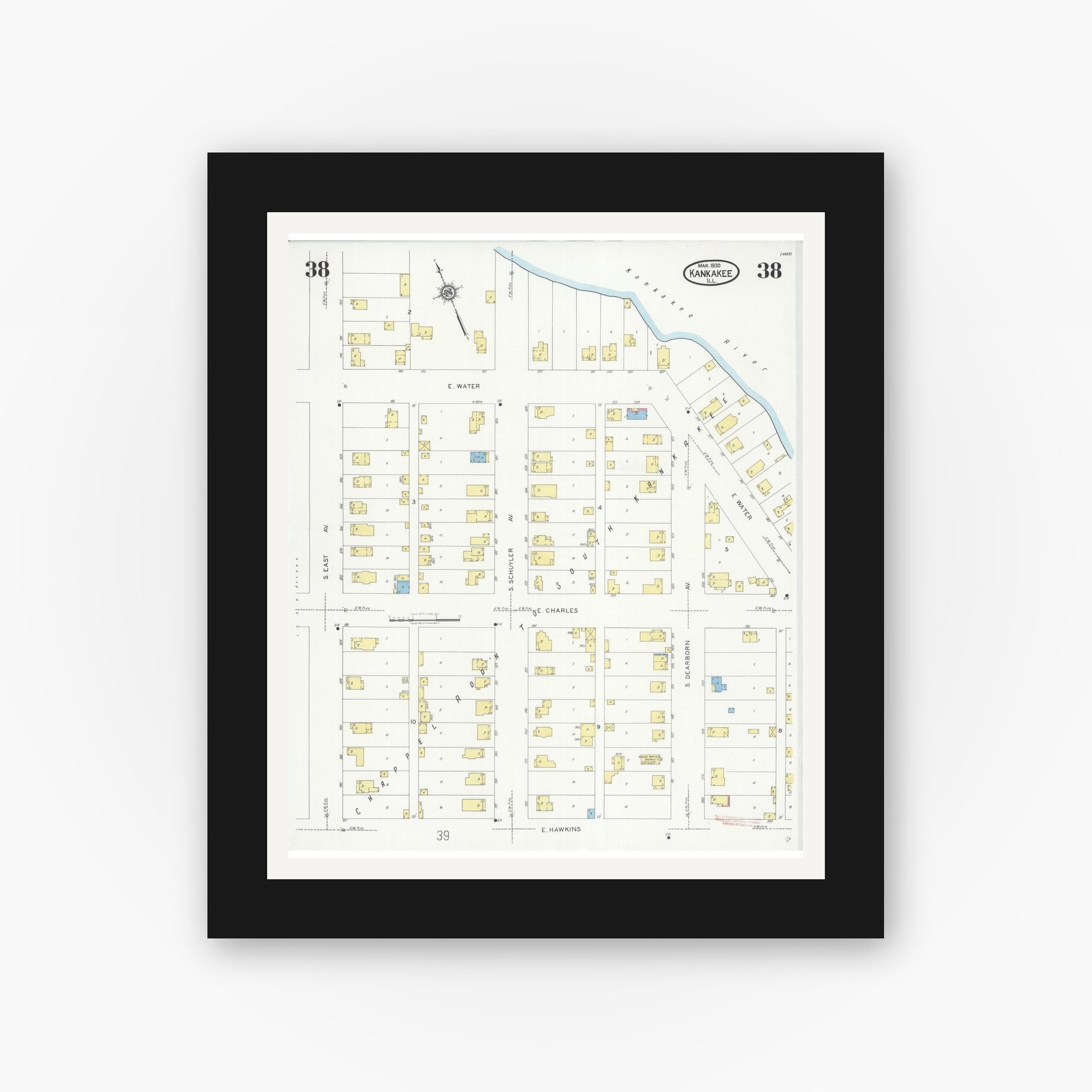 Old map wall art mockup — black gallery frame with white mat — Sanborn Fire Insurance Map from Kankakee, Kankakee County, Illinois (1930), Sheet #0038