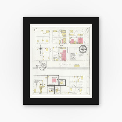 Old map wall art mockup — black gallery frame with white mat — Sanborn Fire Insurance Map from Frankston, Anderson County, Texas (1925), Sheet #0001