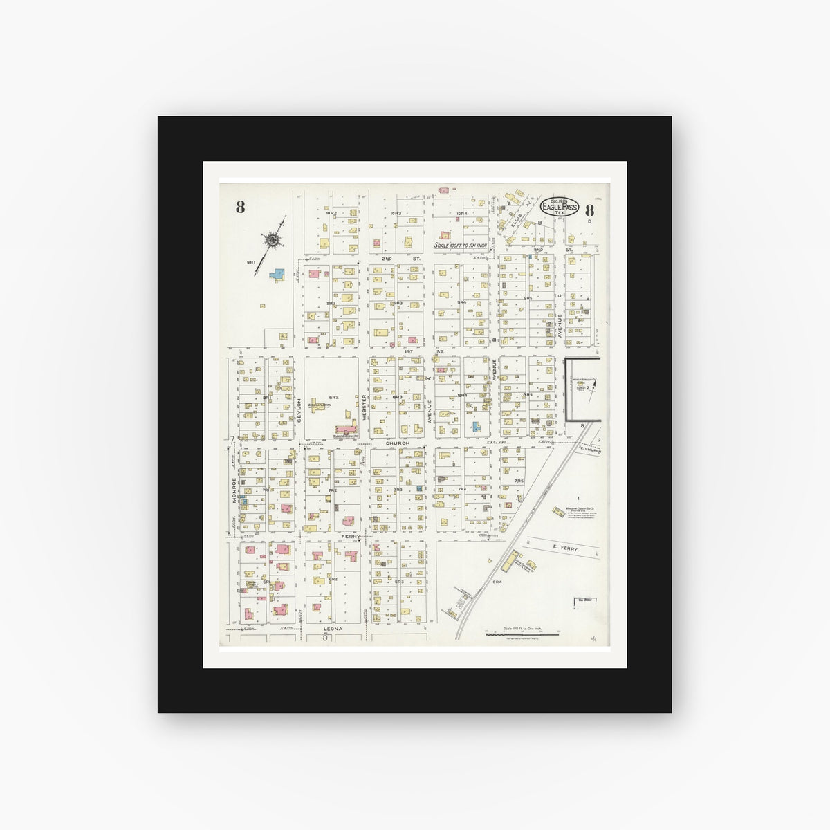 Old map wall art mockup — black gallery frame with white mat — Sanborn Fire Insurance Map from Eagle Pass, Maverick County, Texas (1924), Sheet #0008