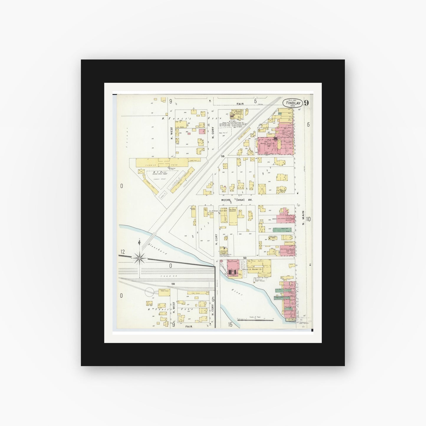 Old map wall art mockup — black gallery frame with white mat — Sanborn Fire Insurance Map from Findlay, Hancock County, Ohio (1901), Sheet #0009
