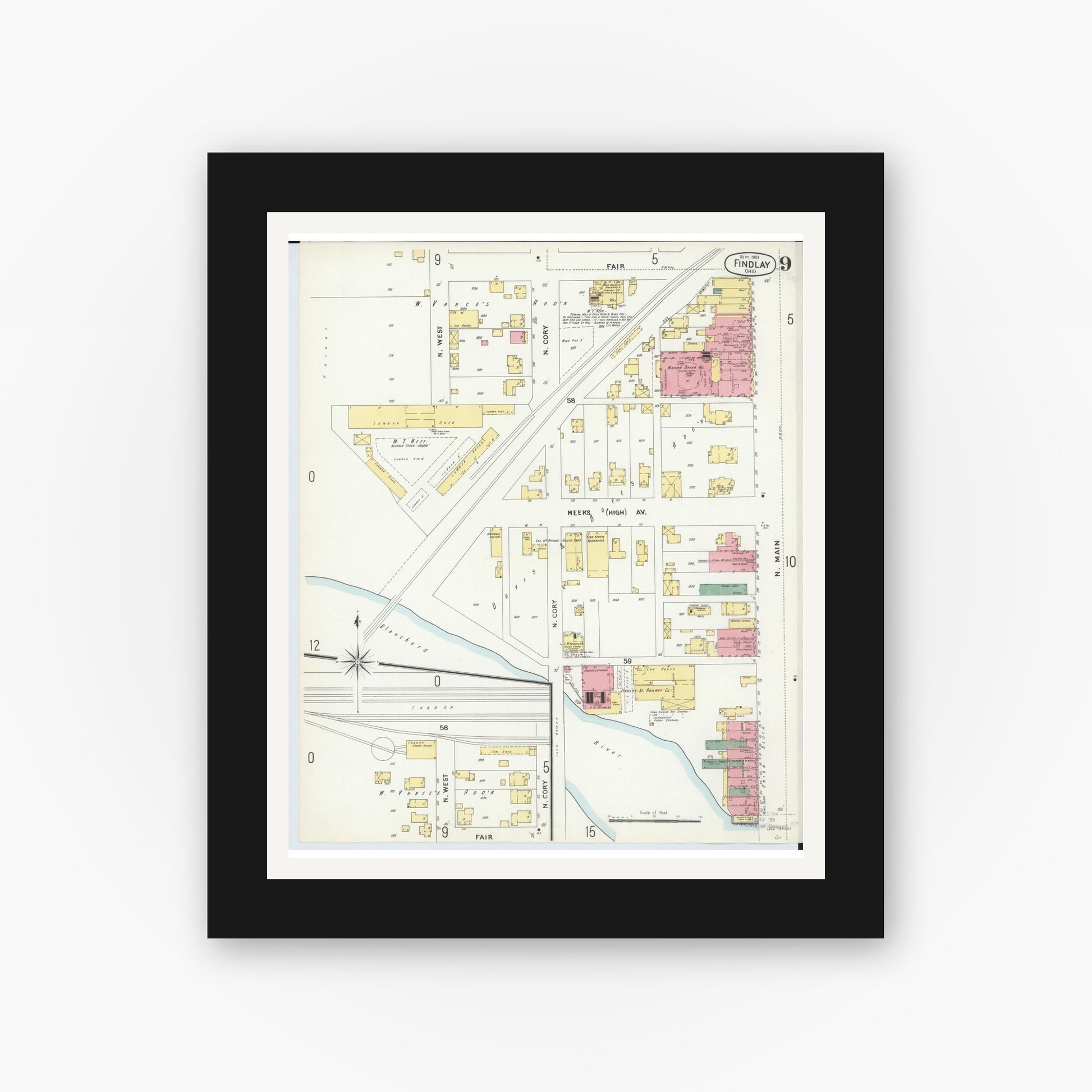 Old map wall art mockup — black gallery frame with white mat — Sanborn Fire Insurance Map from Findlay, Hancock County, Ohio (1901), Sheet #0009