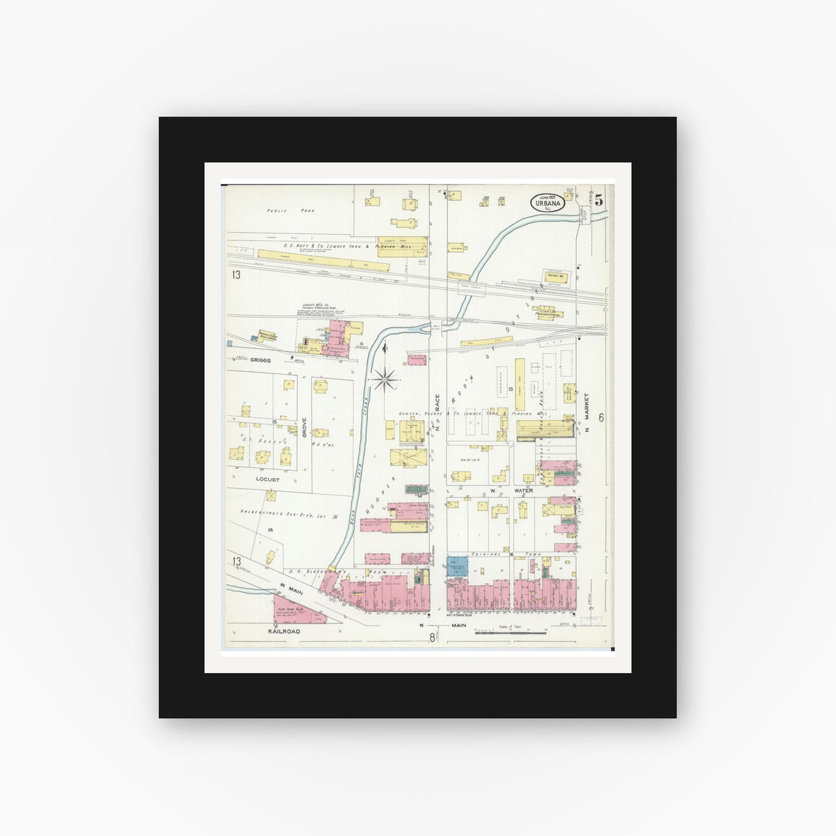 Old map wall art mockup — black gallery frame with white mat — Sanborn Fire Insurance Map from Urbana, Champaign County, Illinois (1909), Sheet #0005