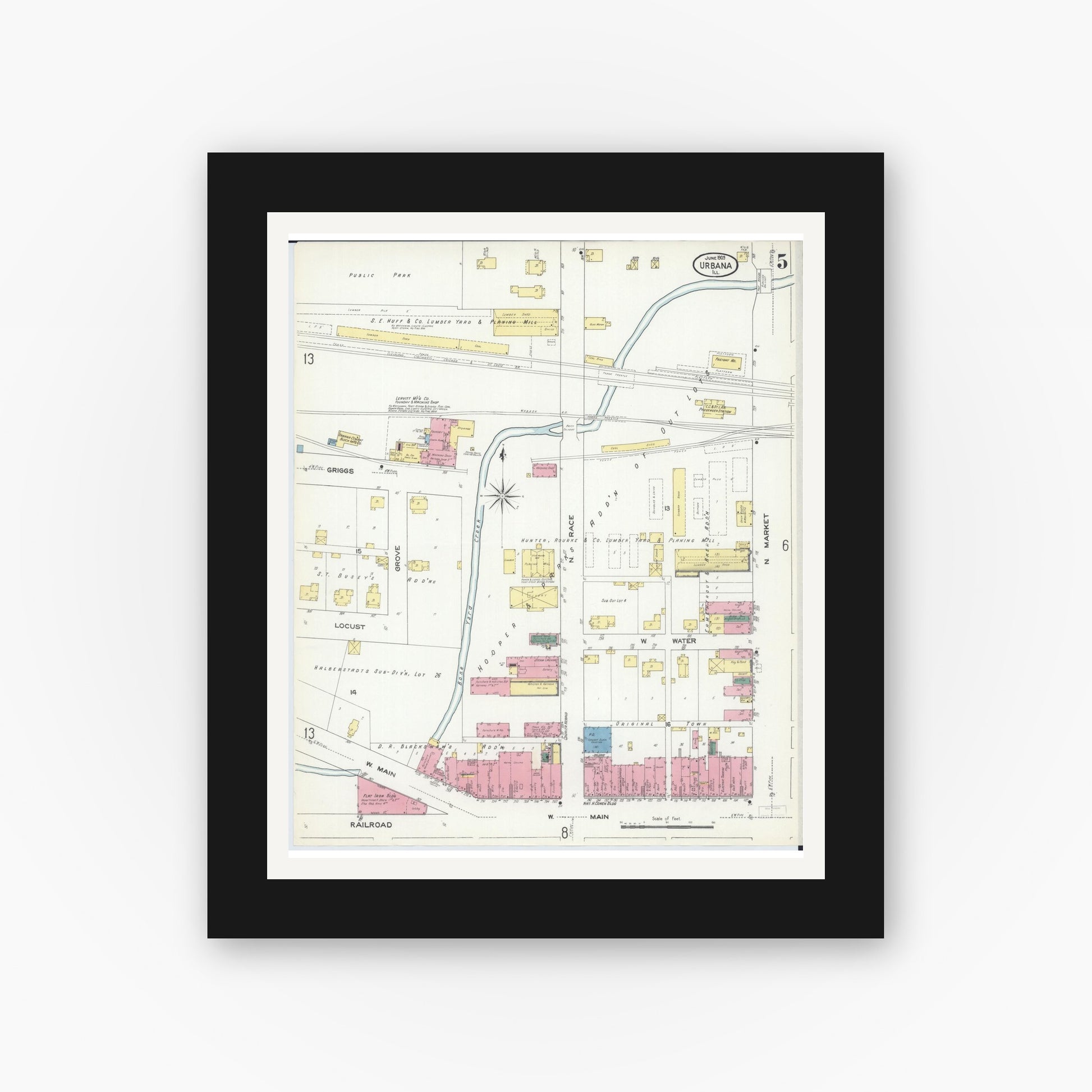 Old map wall art mockup — black gallery frame with white mat — Sanborn Fire Insurance Map from Urbana, Champaign County, Illinois (1909), Sheet #0005