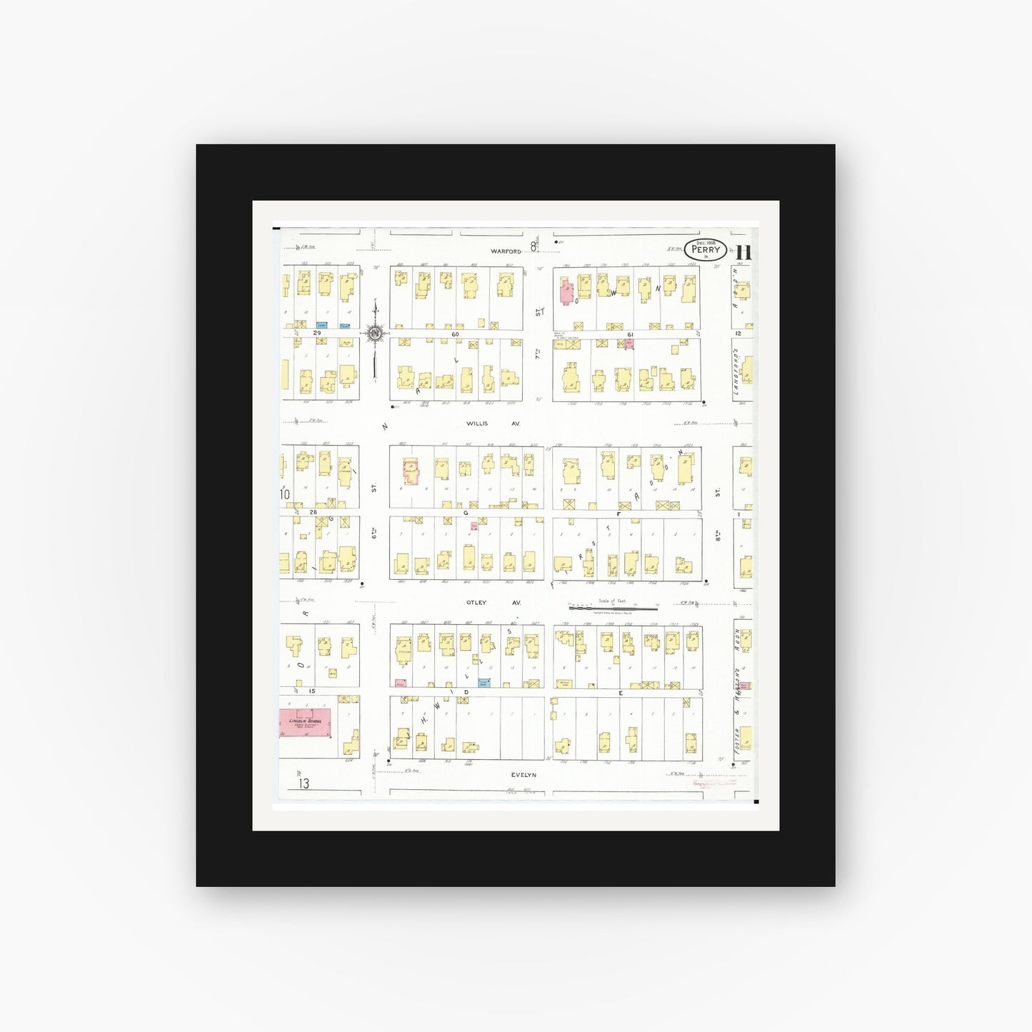 Old map wall art mockup — black gallery frame with white mat — Sanborn Fire Insurance Map from Perry, Dallas County, Iowa (1918), Sheet #0011