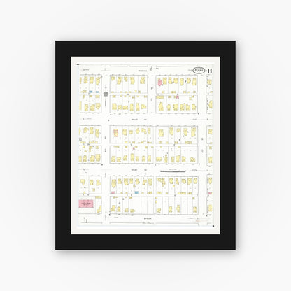 Old map wall art mockup — black gallery frame with white mat — Sanborn Fire Insurance Map from Perry, Dallas County, Iowa (1918), Sheet #0011