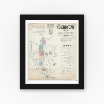Old map wall art mockup — black gallery frame with white mat — Sanborn Fire Insurance Map from Cheboygan, Cheboygan County, Michigan (1884) - Complete Map Set